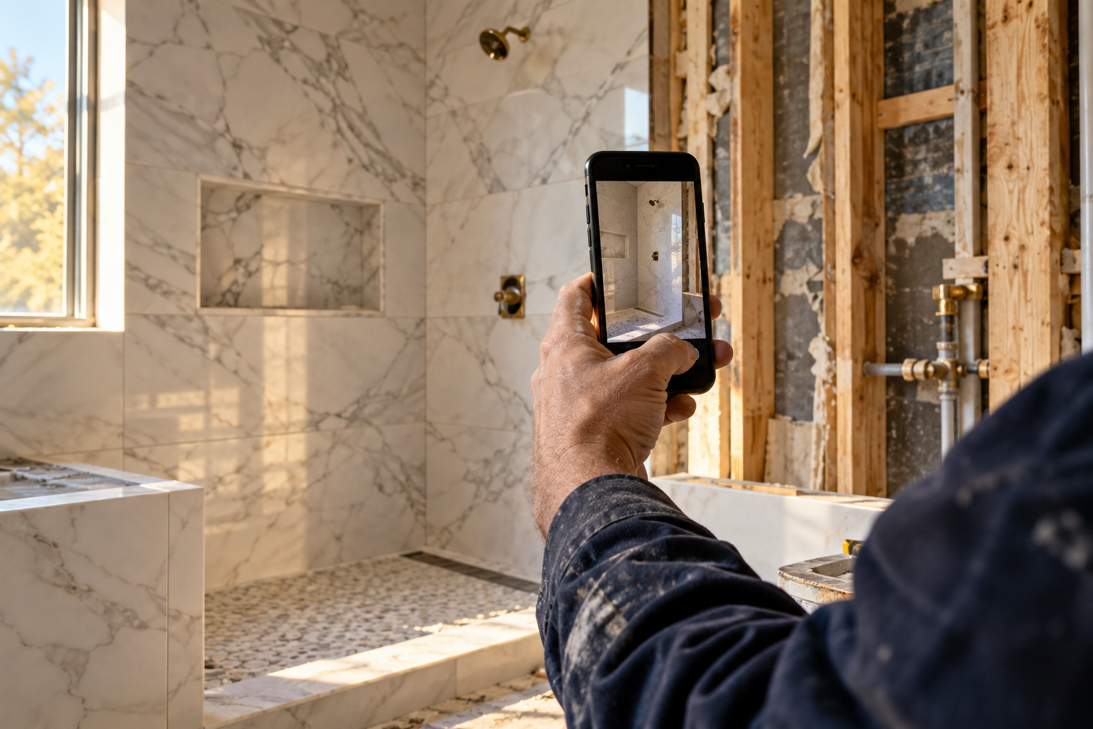 Illustrative bathroom renovation with a contractor documenting the job